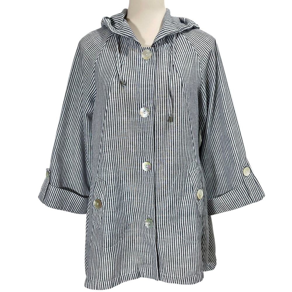 Jones New York Striped Linen Cotton Hooded Jacket Top Women’s Size Small